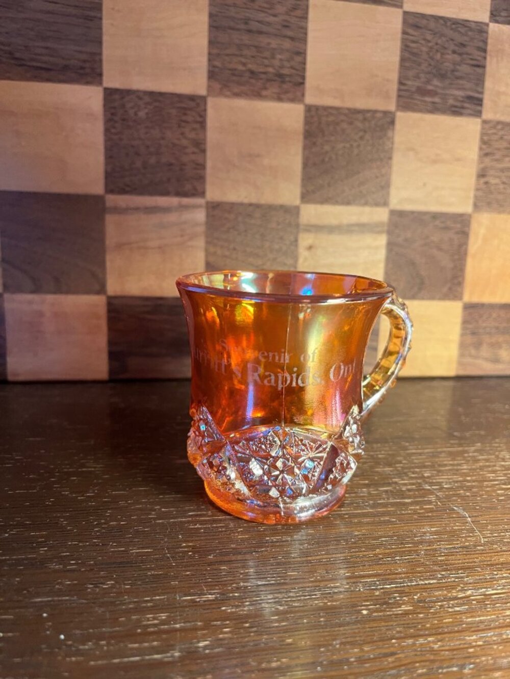 Marigold Carnival Glass Souvenir Cup Burritt’s Rapids Ontario A1937